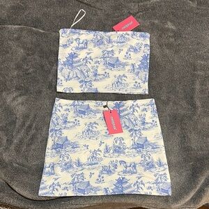 Edikted Delft Print Strapless Top and low rise skirt